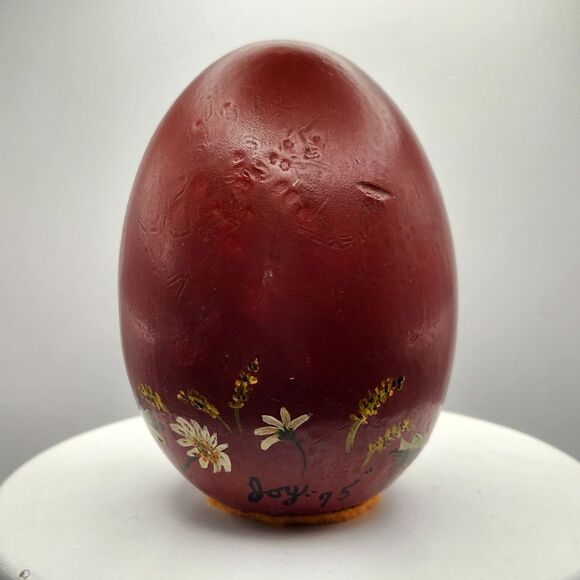 1995 Vintage Artistisan Signed Chalkware Egg Large Handpainted Red Yellow Floral - Picture 4 of 9